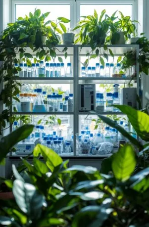 Plant science laboratory with shelves of samples