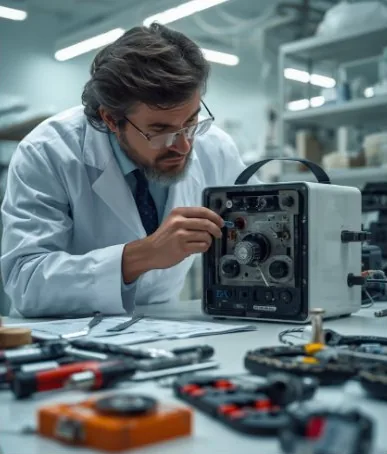 Technician repairing an instrument on a workbench